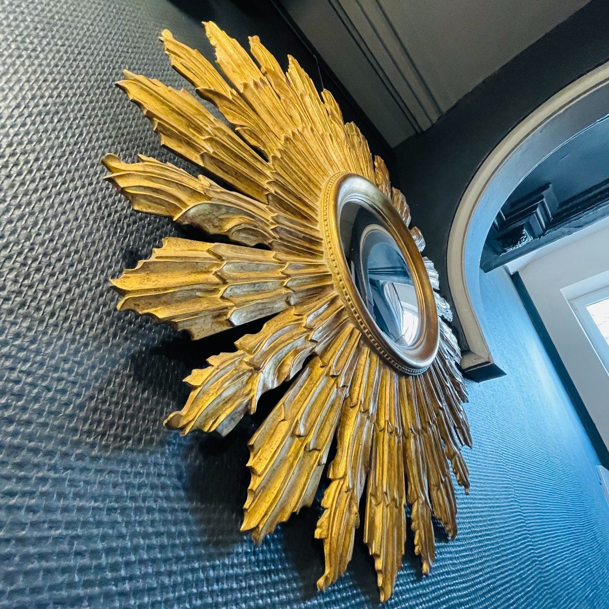 Witch Mirror, Wall Sunburst (70 Cm), Golden Carved Wood, Ca 1950-photo-5